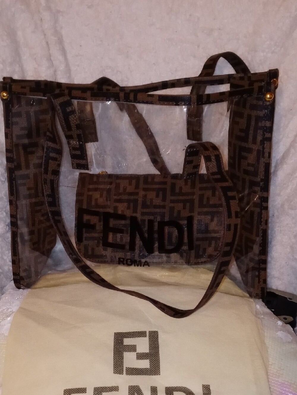 Fendi Clear Tote with Brown FF Monogram Trim and Matching Pouch - Picture 13 of 13